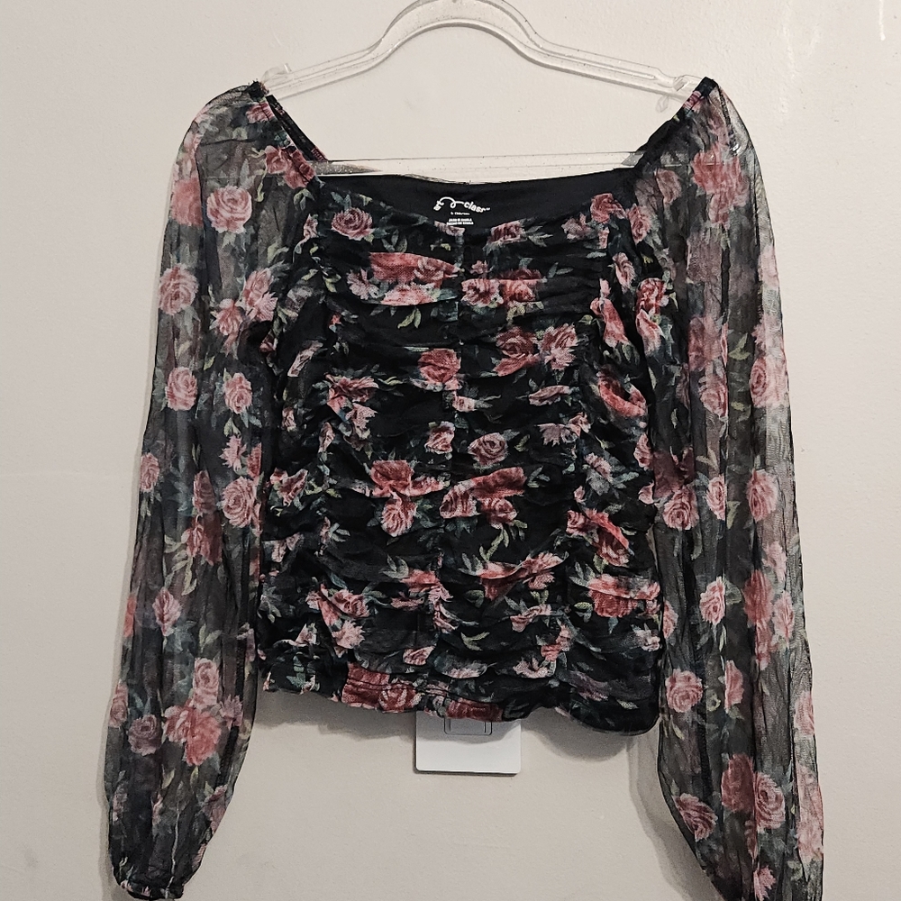 Art Class Black Floral Whimsygoth Fairy Girls Size L 10-12 Blouse Ruched Sheer